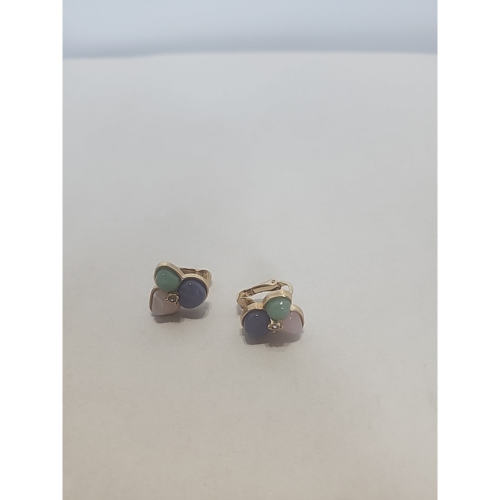 Vintage Pastel Cabochon Clip On Earrings Gold Tone Pink Purple‎ Green Cluster
